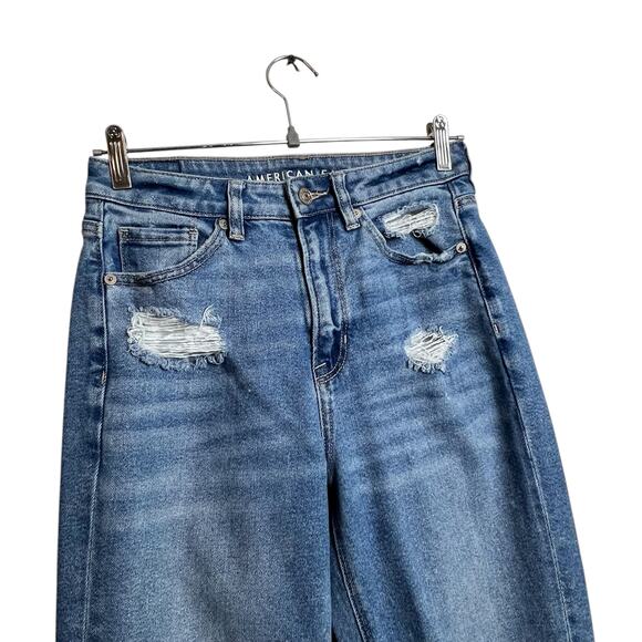 American Eagle Mom Straight Jeans Size 4 High Rise Distressed Ripped Knee - Picture 2 of 15